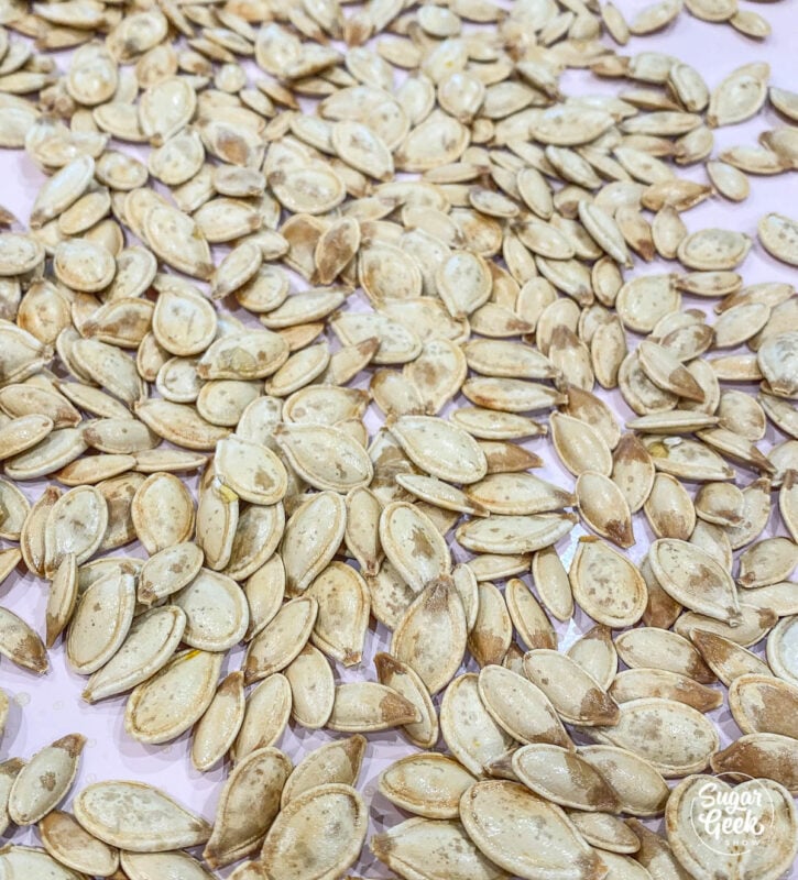 Close up of roasted pumpkin seeds without boiling them first