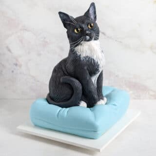 Cake sculpted to look like a cat sitting on a blue pillow