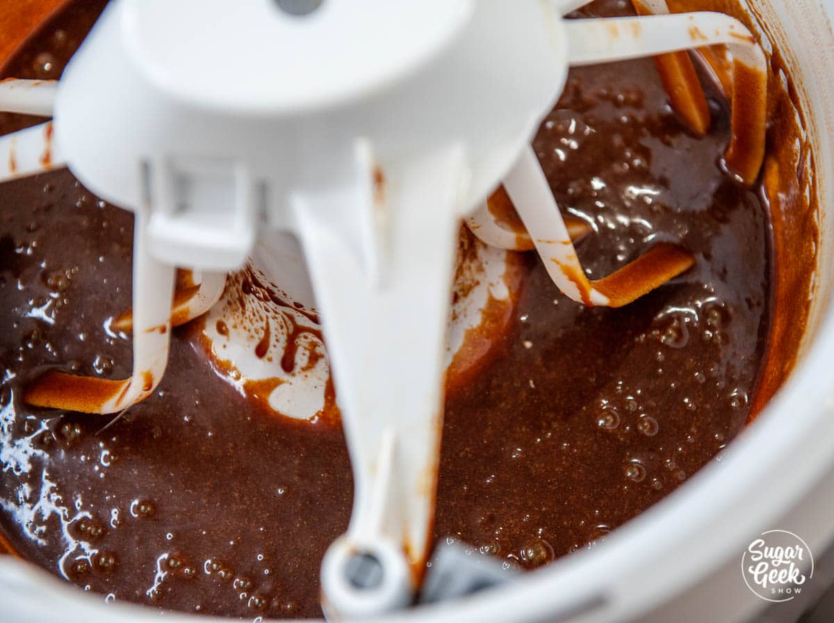 Wet ingredients mixed together in a stand mixer.