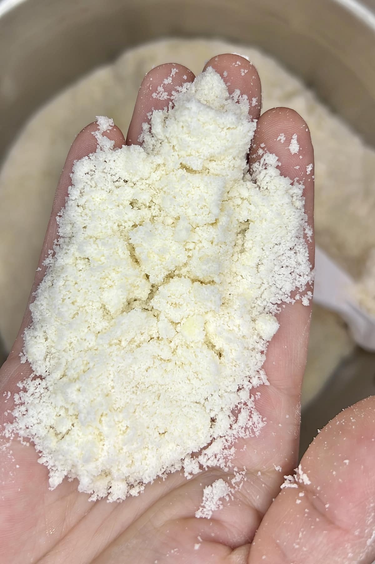 close up of mixed dry ingredients with butter in a hand