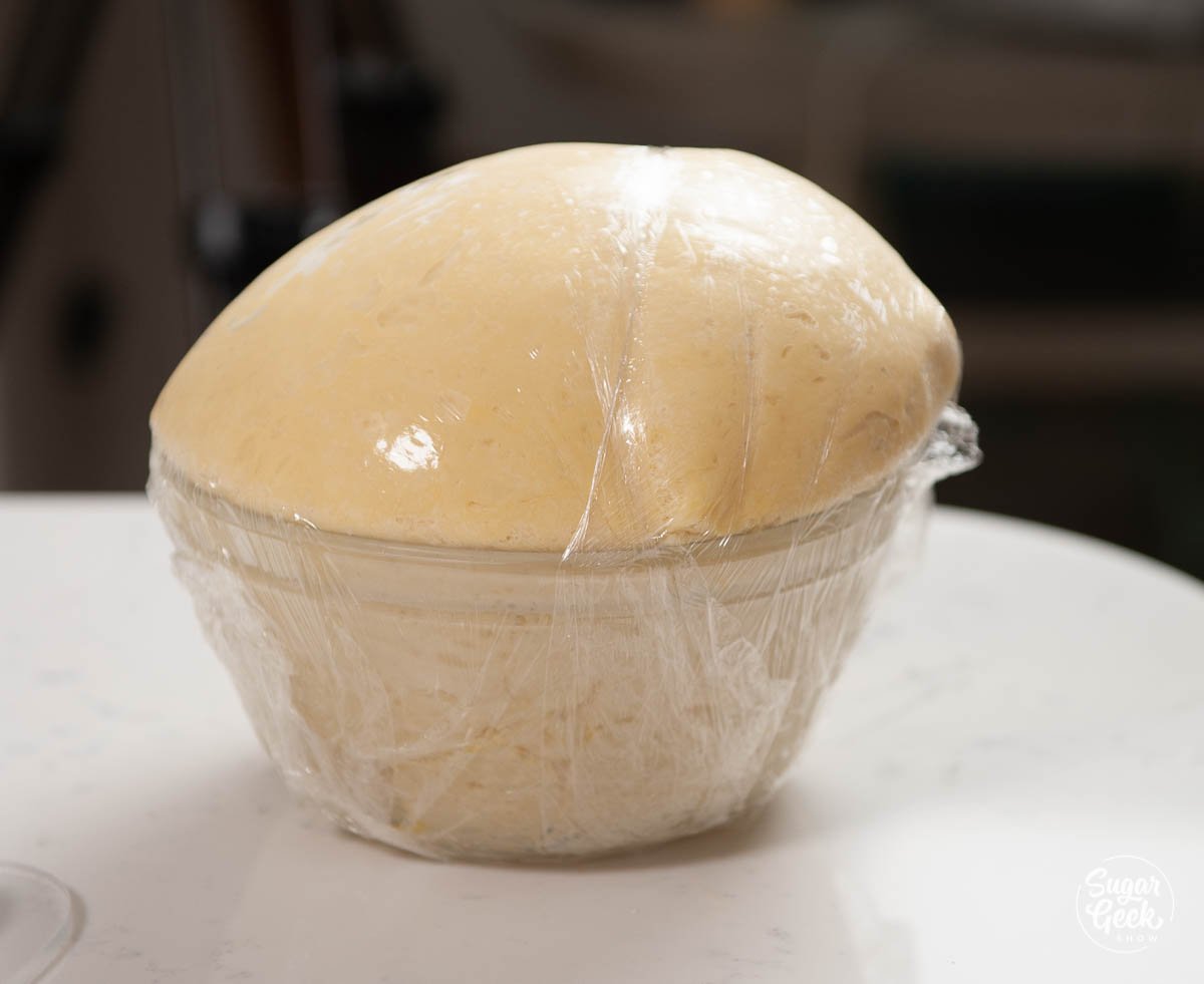 closeup of brioche dough rising in a clear bowl