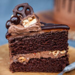close up of chocolate cake slice