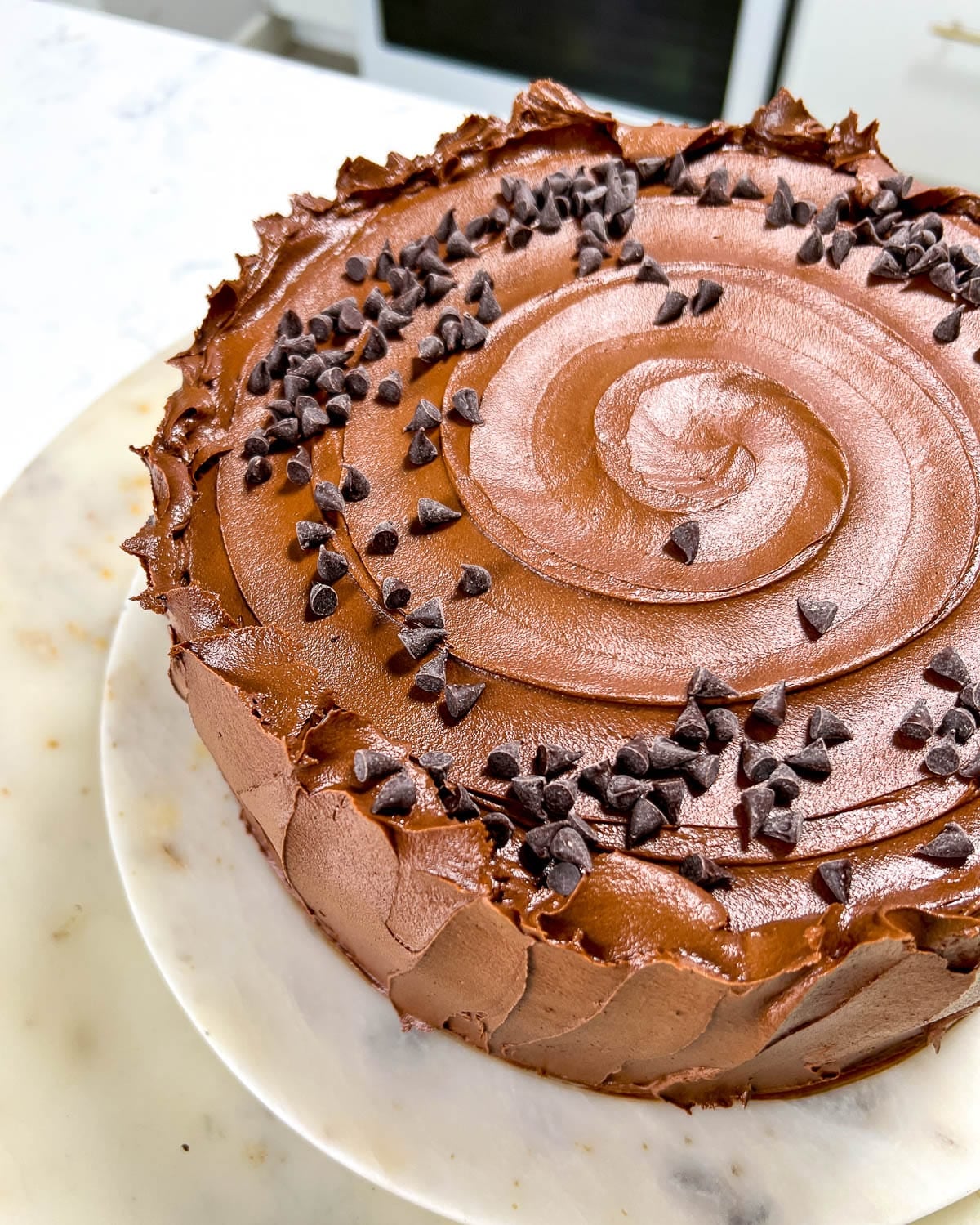 Easy chocolate cake with chocolate frosting and chocolate chips.