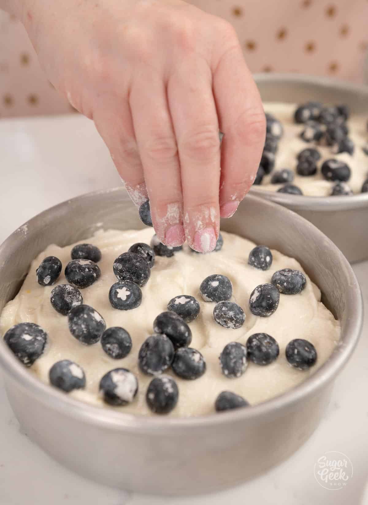 placing blueberries on top of cake batter