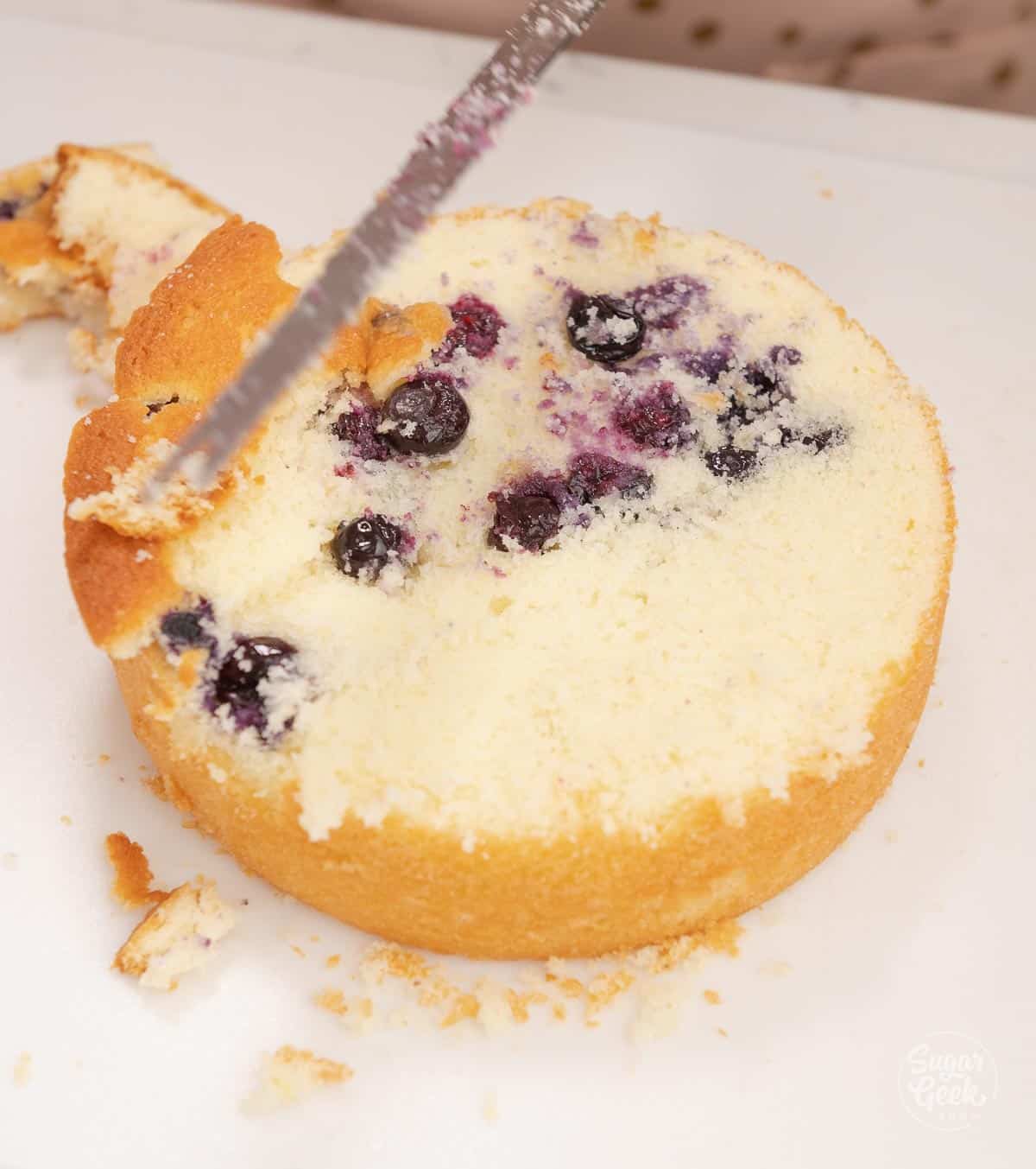 trimming a blueberry lemon cake layer
