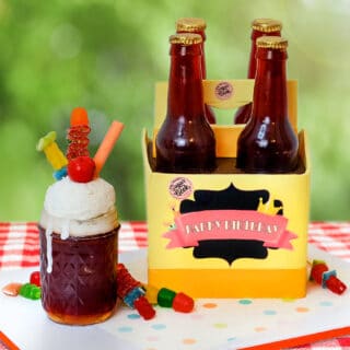 Cake that looks like a root beer float and a root beer bottle carton