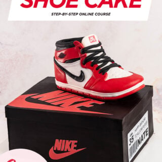 Cake sculpted to look like an Air Jordan shoe sitting on a shoe box.