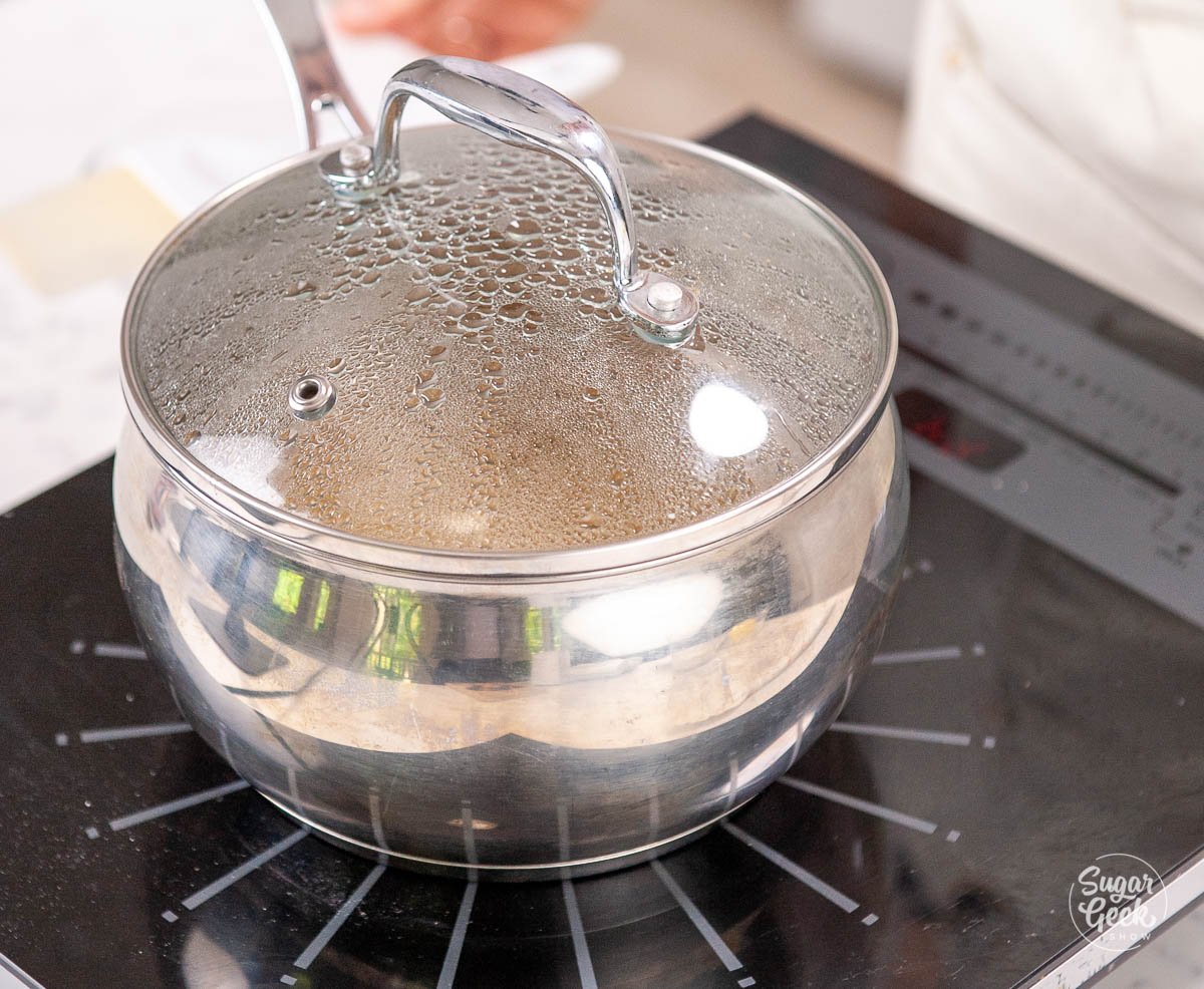 medium sauce pan simmering with pot cover on