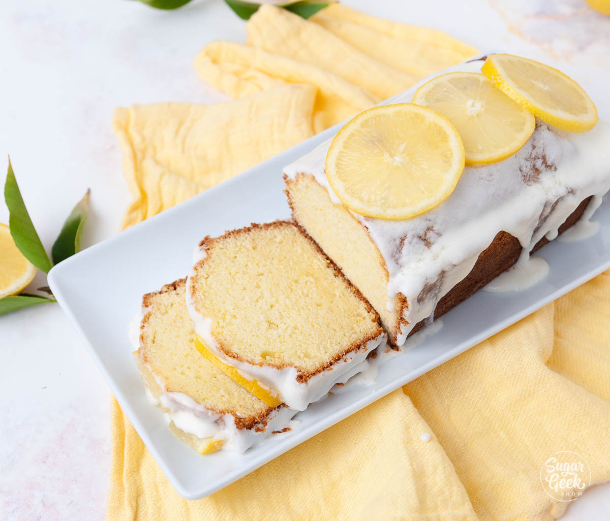 lemon pound cake on a white plate