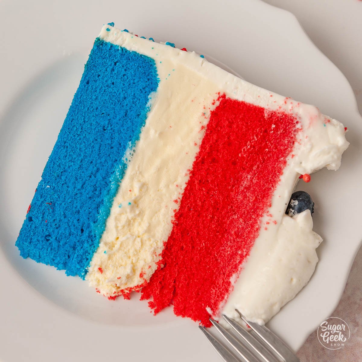 close up of red white and blue ice cream cake on a white plate