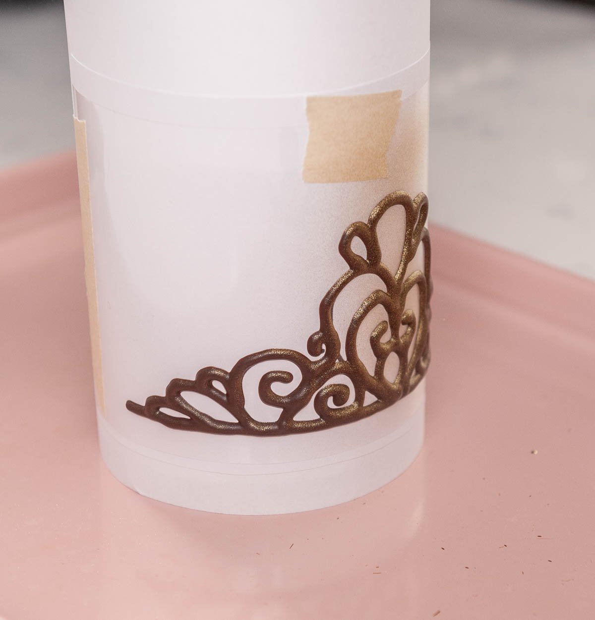 taping the chocolate tiara to a styrofoam dummy
