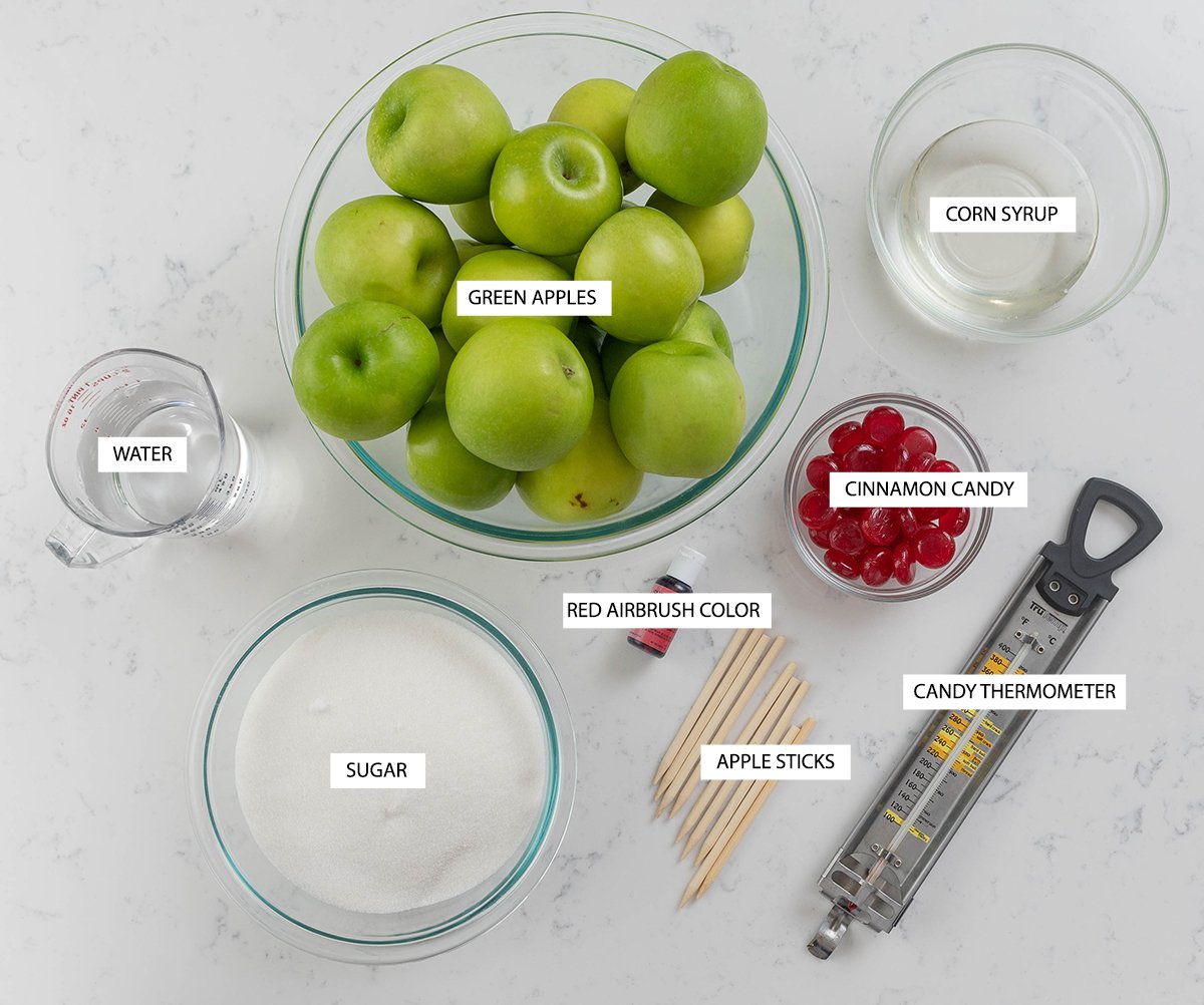 overhead shot of candy apple ingredients