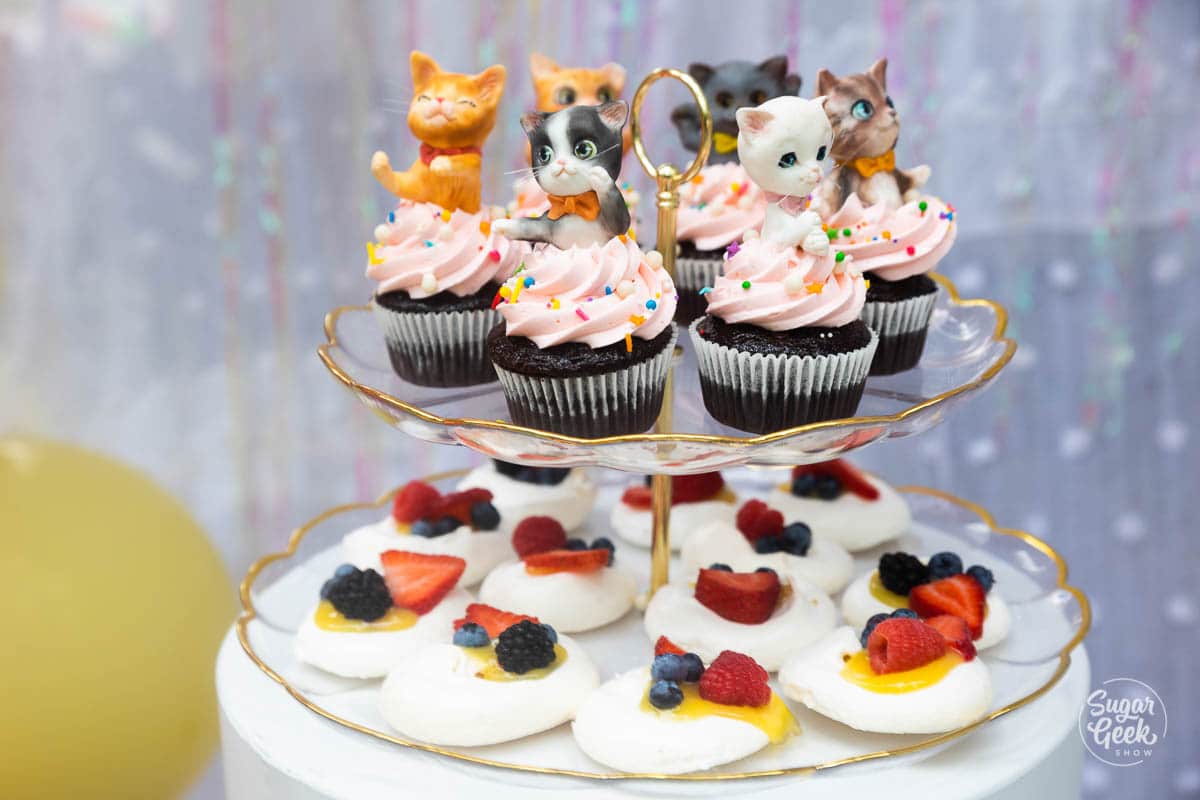 cat cupcakes and pavlova