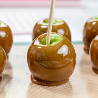 closeup of shiny caramel apples