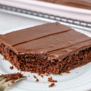 close up of a slice of chocolate sheet cake