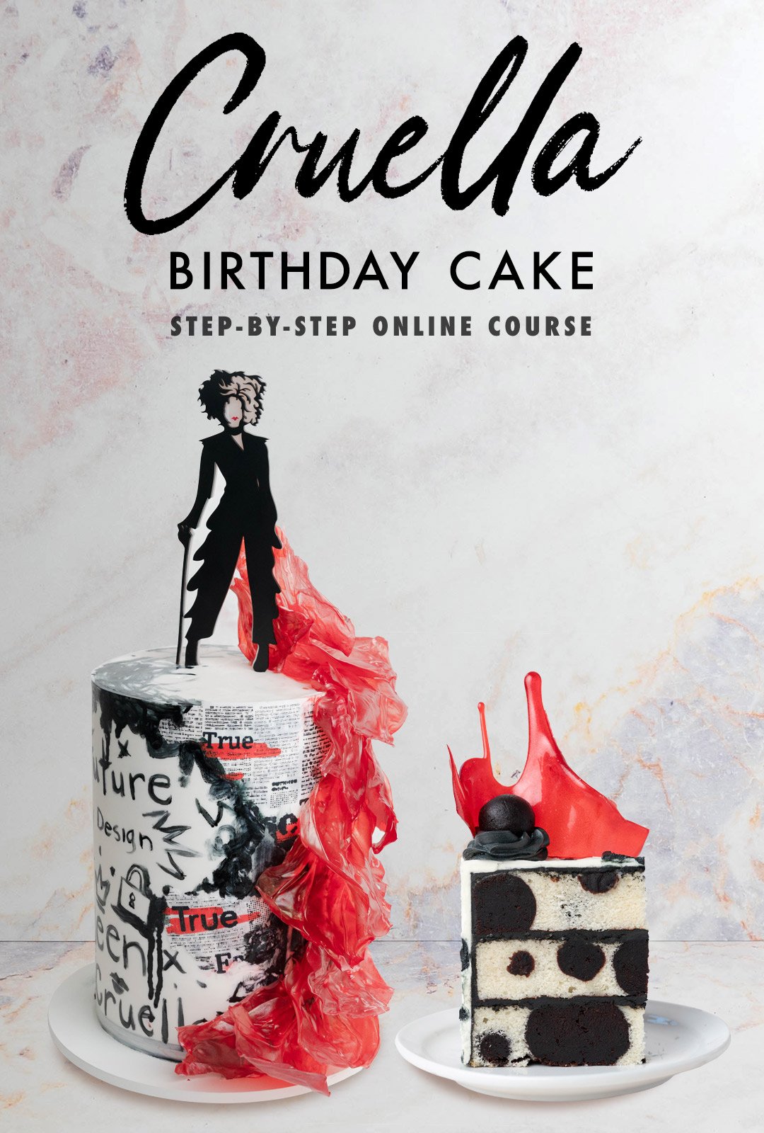 Cake decorated with an edible red dress, newsprint graffiti and hand painted details to look like Cruella movie