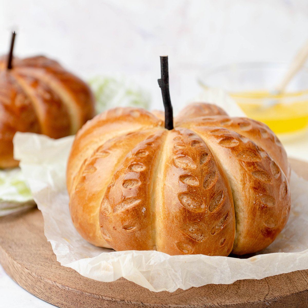 closeup of pumpkin shaped bread