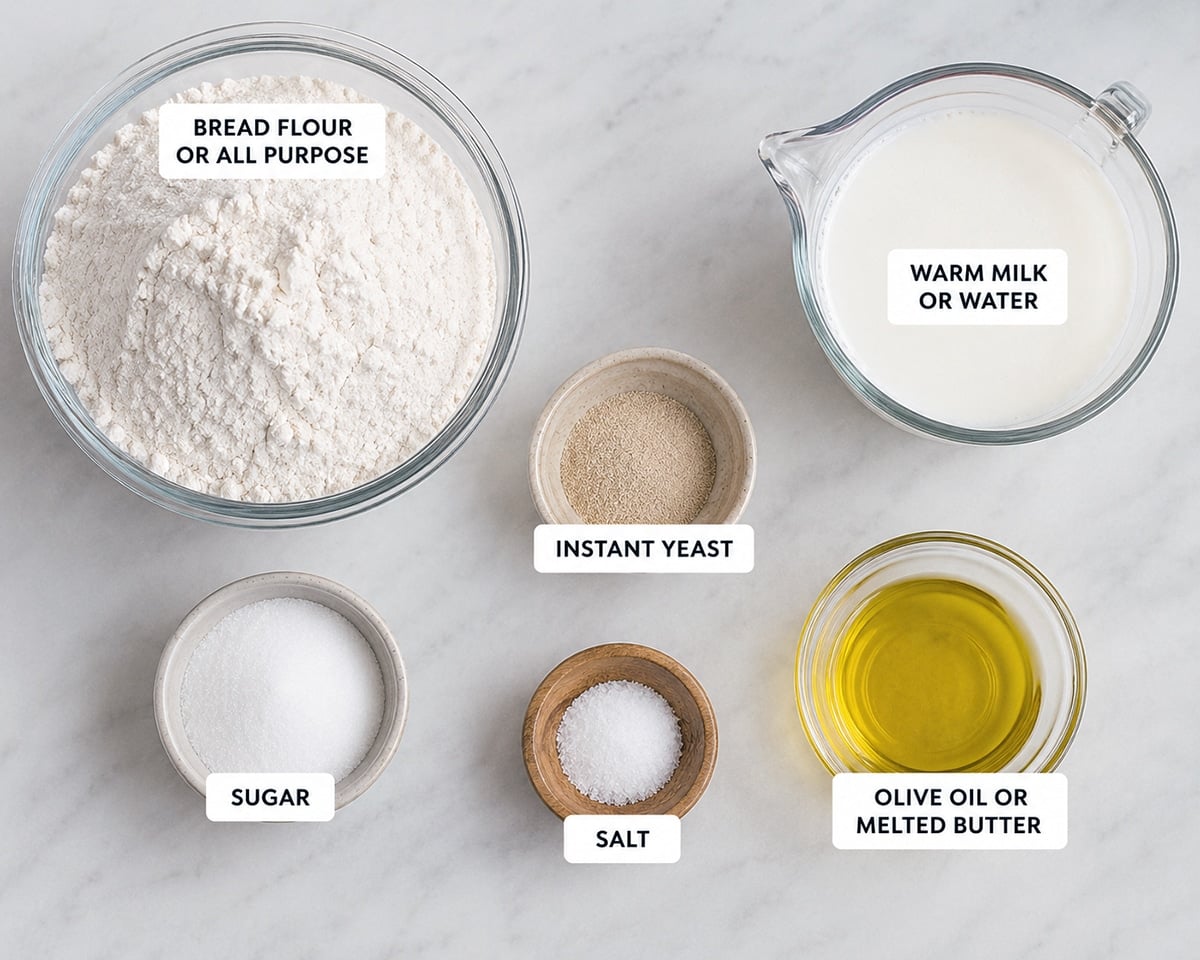 pumpkin shaped bread ingredients in bowls on a white countertop.