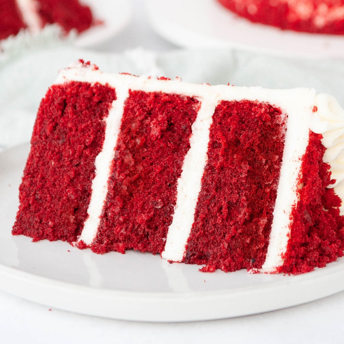 close up of red velvet cake slice