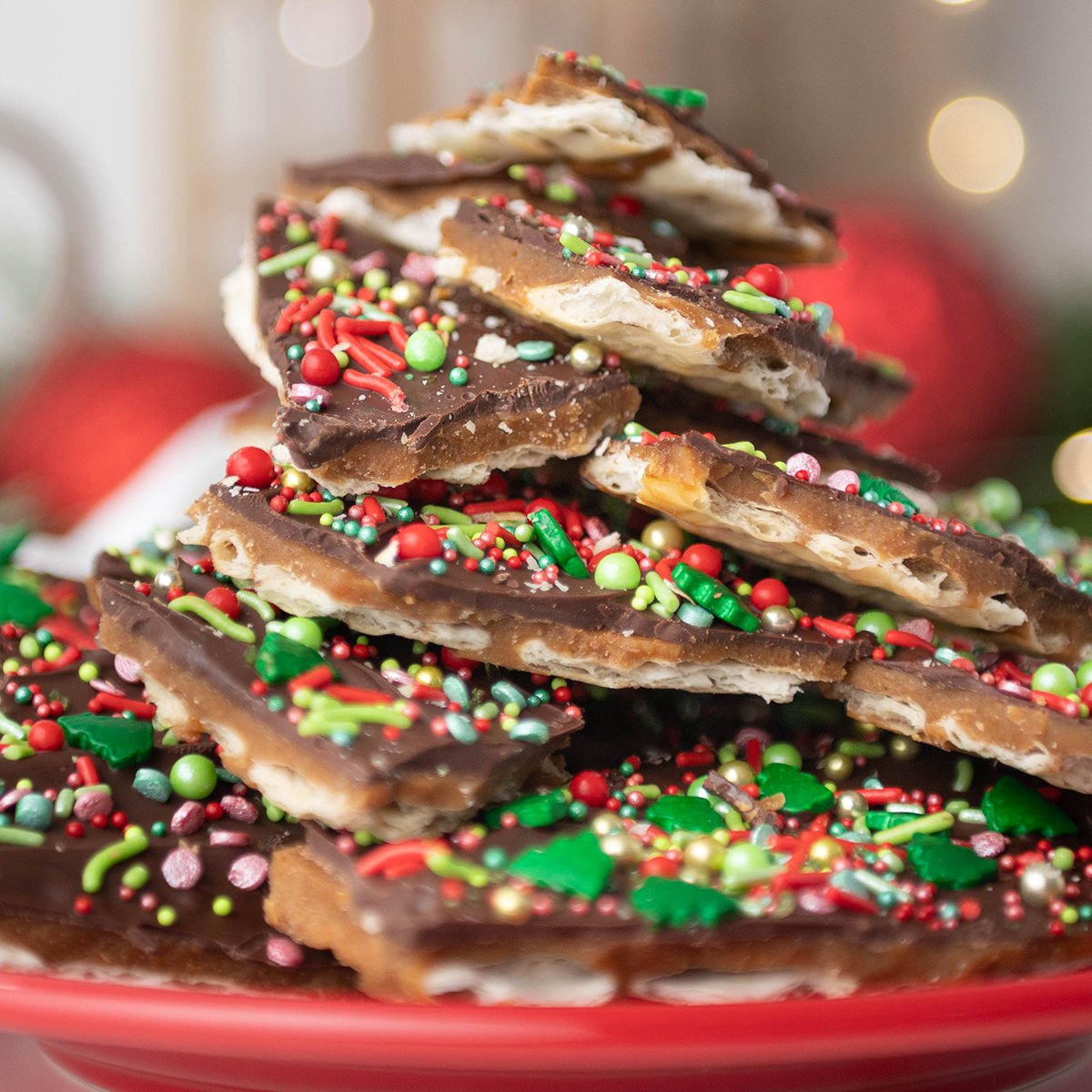 closeup of christmas crack on a red plate