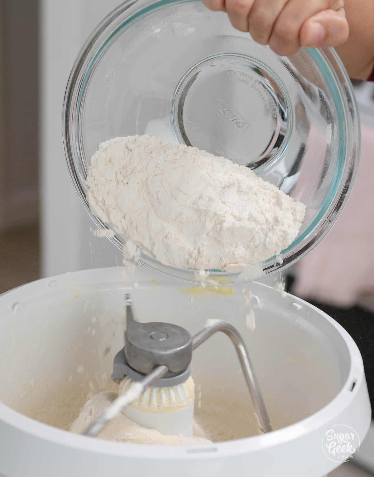 Adding bread flour and salt mixture to the stand mixture.