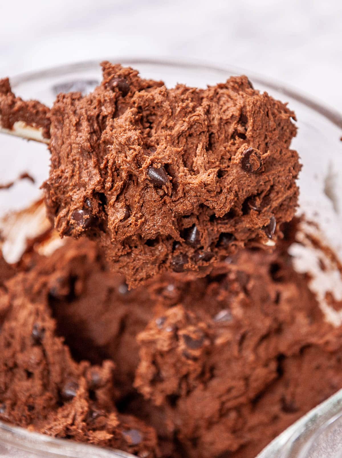 closeup of double chocolate chip cookie dough
