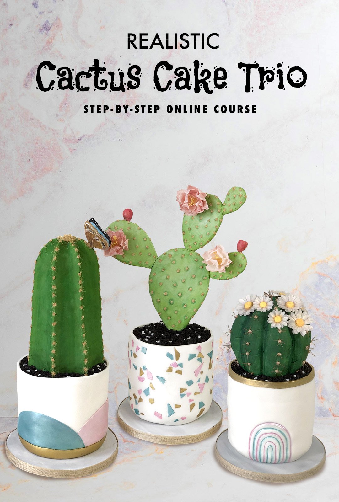 Three cakes sculpted to look like cacti in plant pots