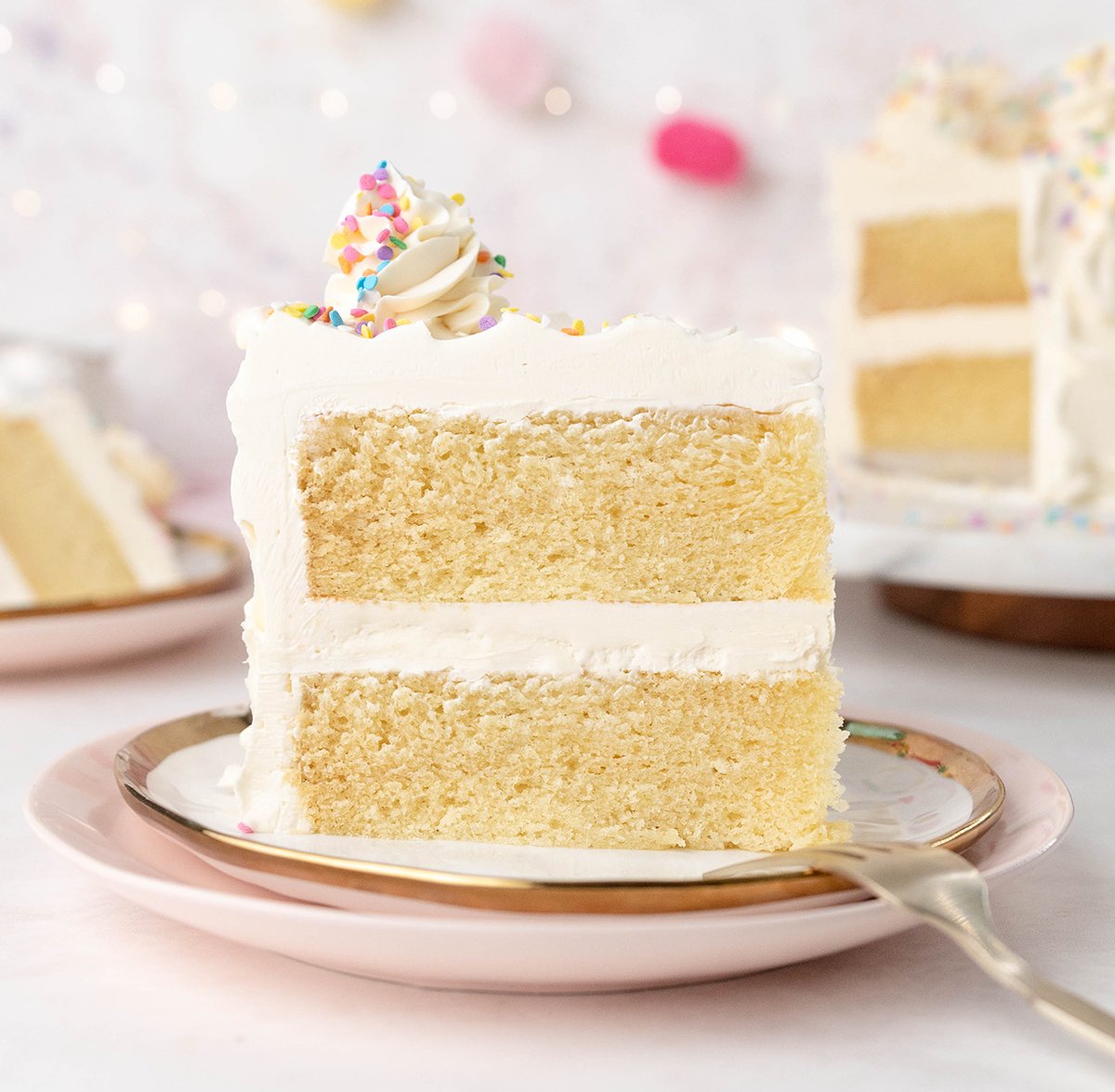 close up of vanilla cake slice