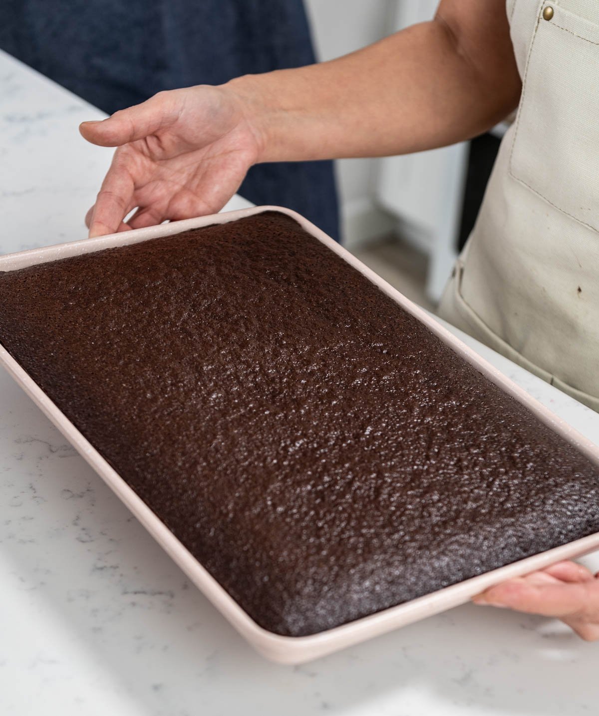 chocolate cake inside of large baking sheet