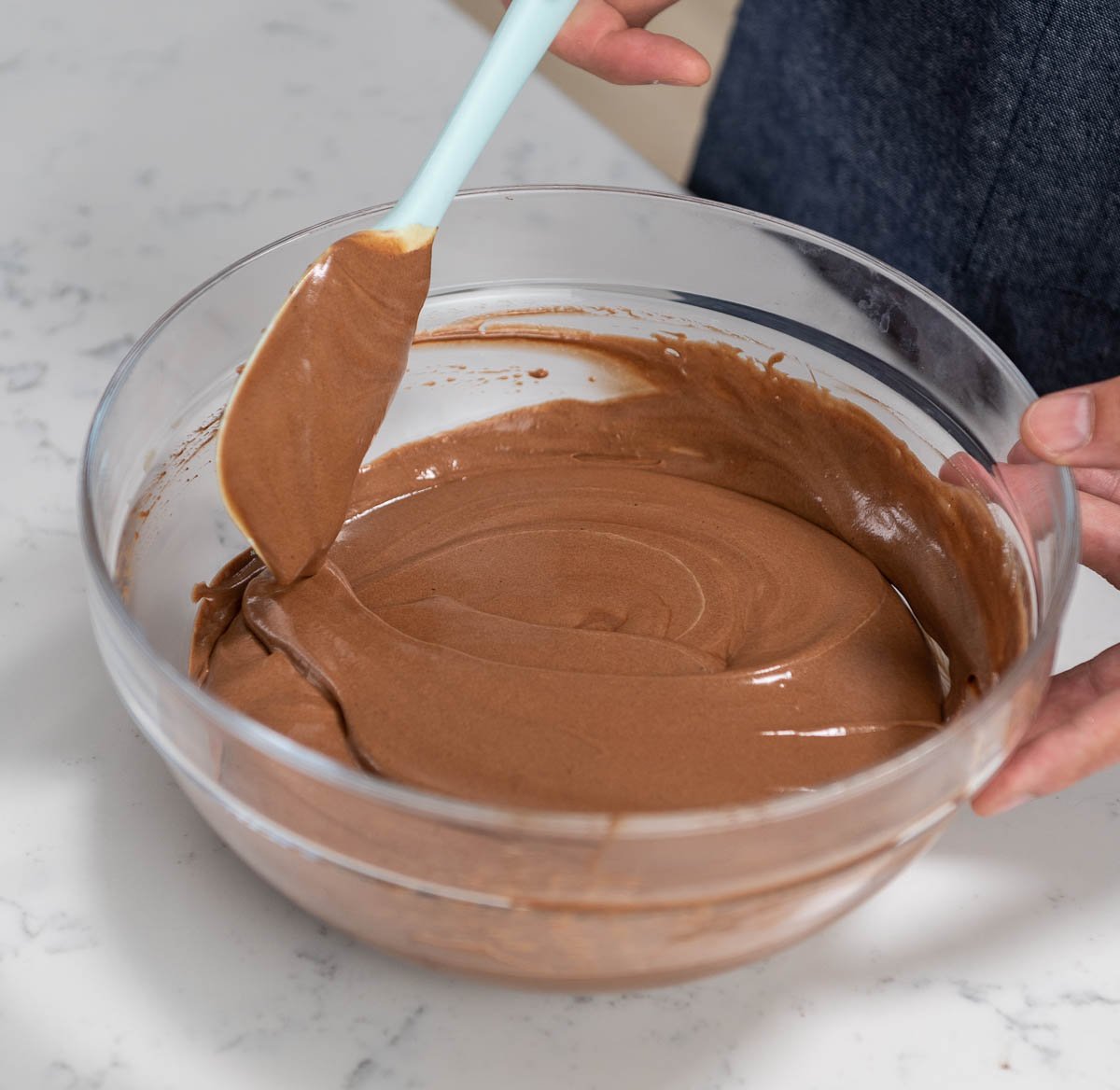 chocolate batter inside of mixing bowl