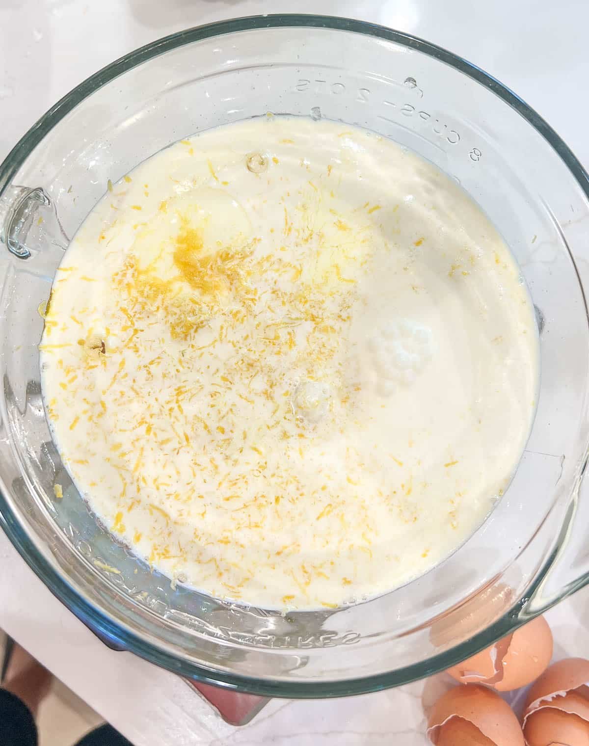 Lemon tart filling in a glass bowl