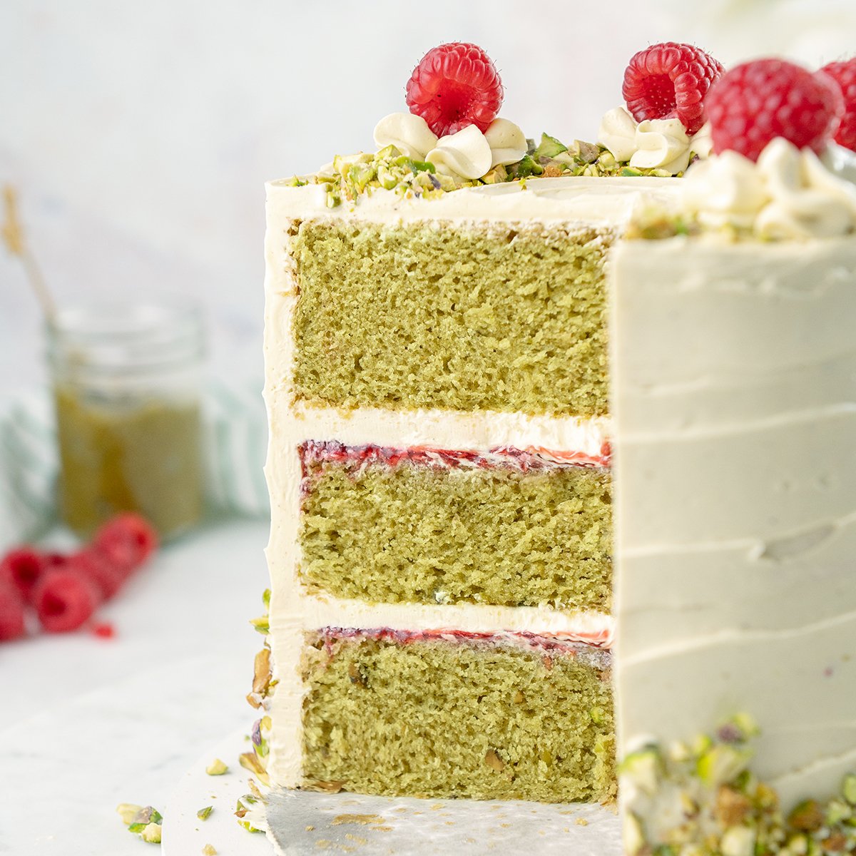 close up of pistachio cake