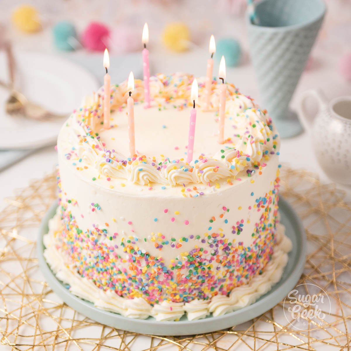 Decorated Birthday cake with candles.