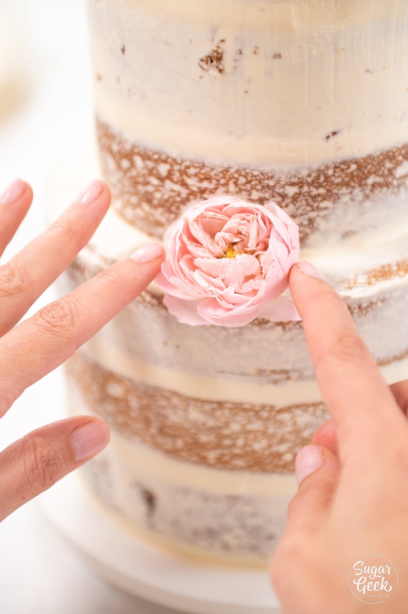 close up of flower on naked wedding cake