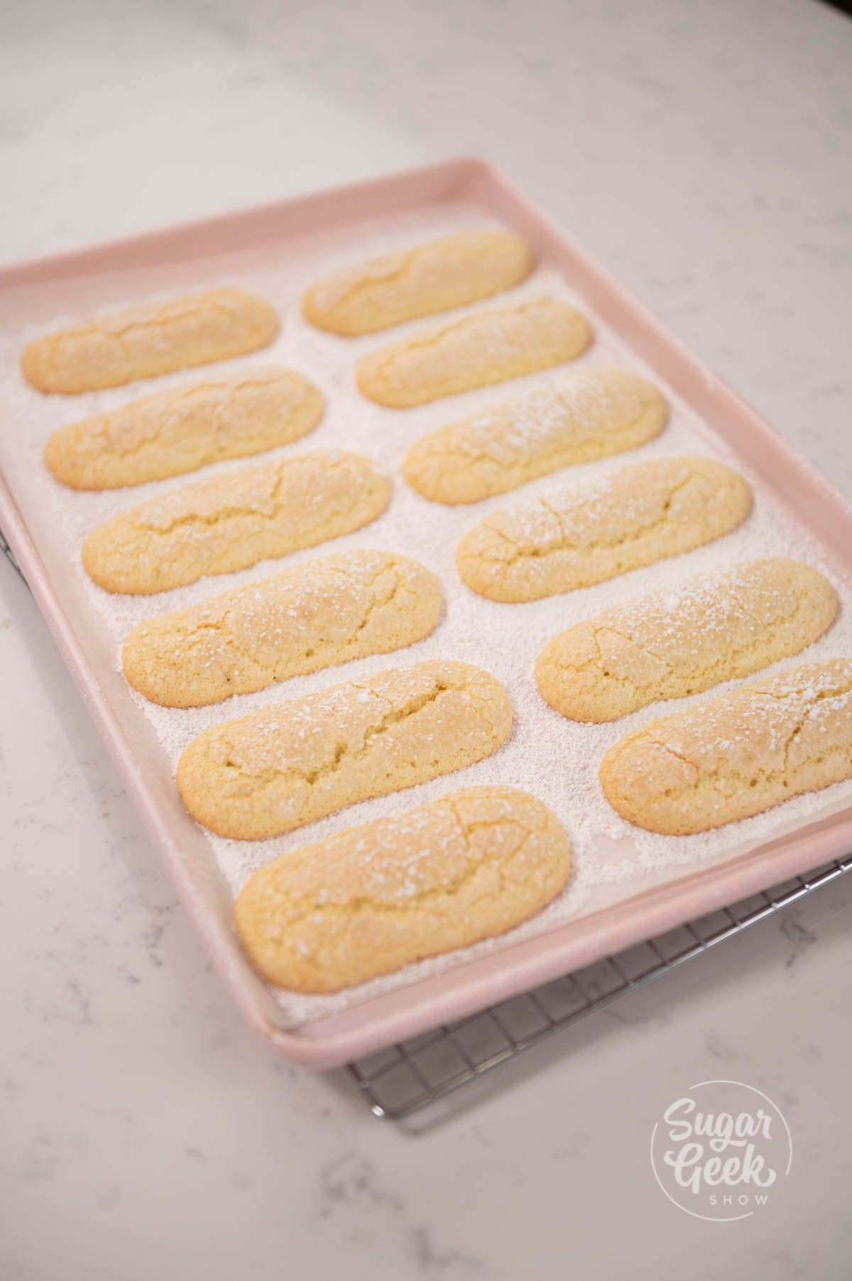 Tray filled with lady finger cookies.
