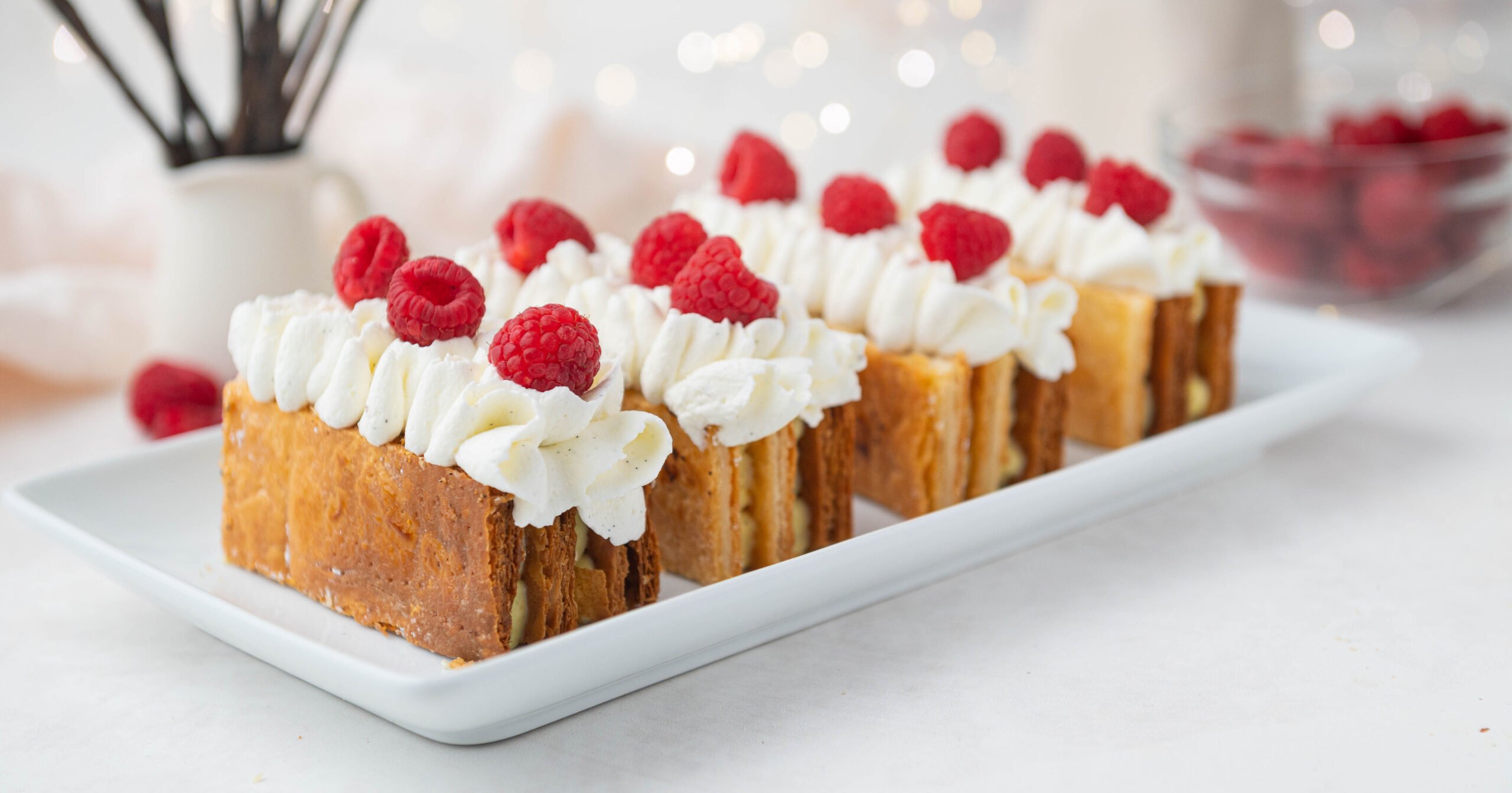 picture of plate of mille-feuilles in a row.