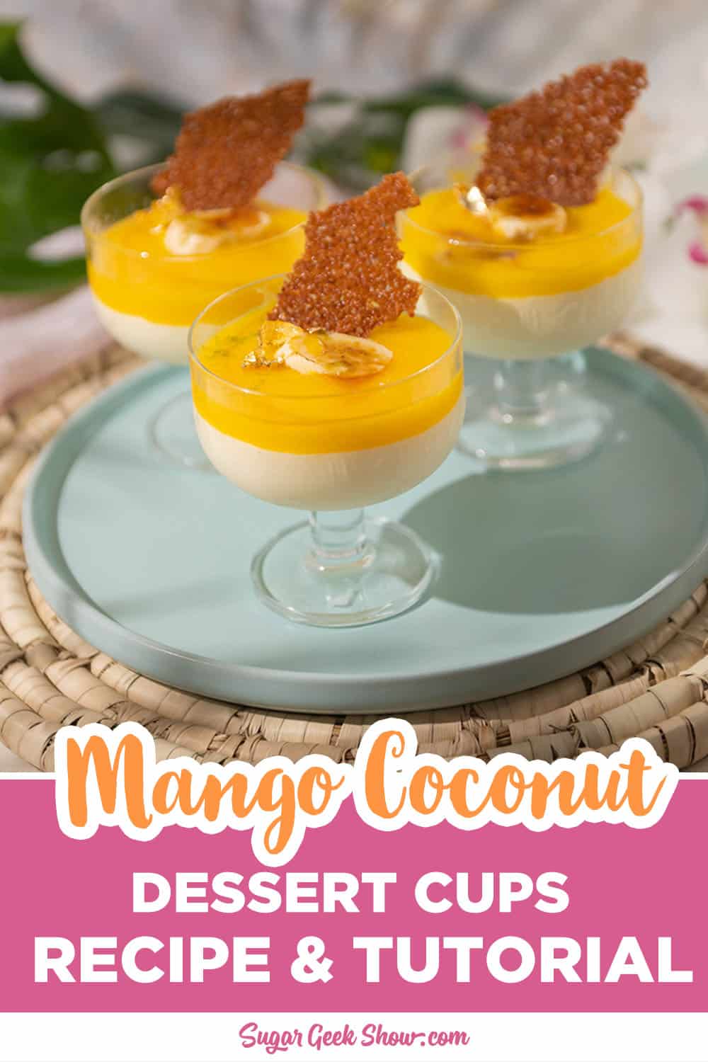 Coconut Mousse Cups with Mango Puree and Crunchy Tuille