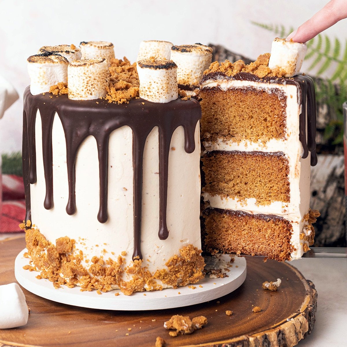 Close up of s'mores cake with a slice being removed