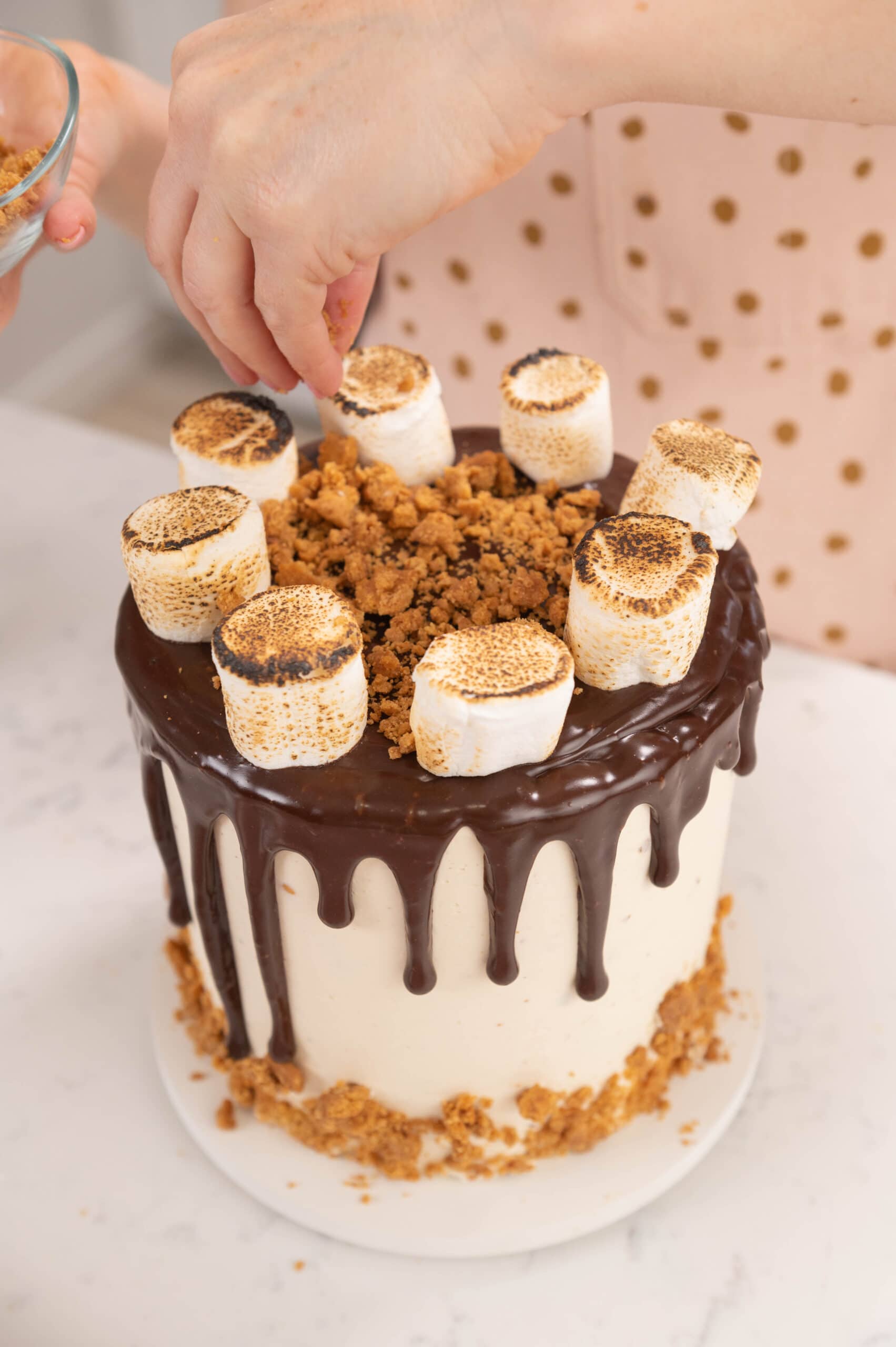 adding final details to the s'mores cake