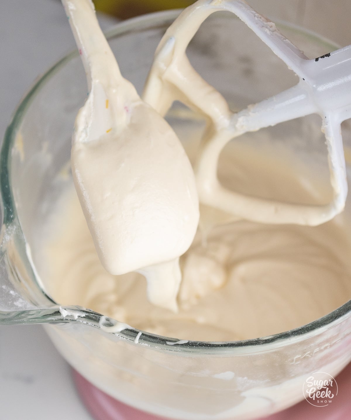 finished cake batter on a spatula.