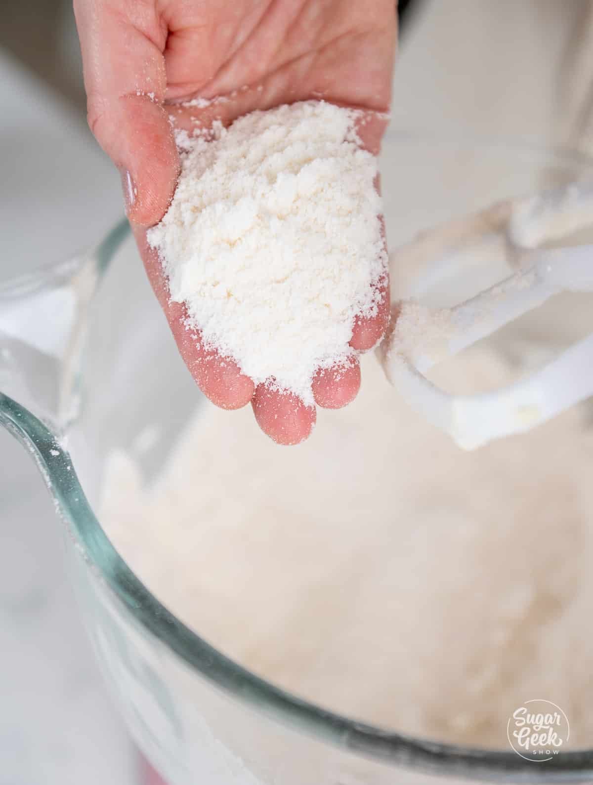 hand showing the course sand texture after mixing the butter and flour.