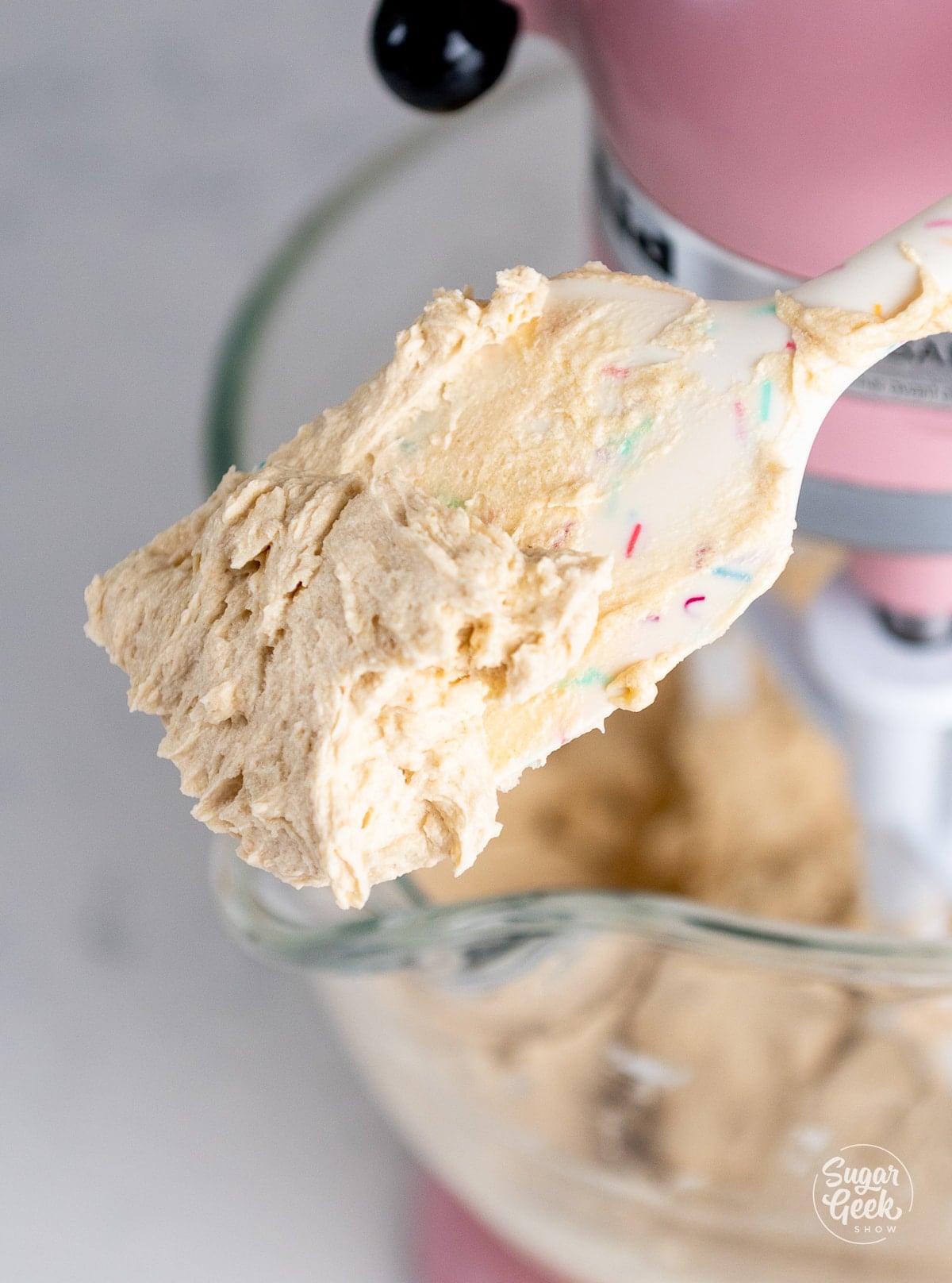 close up of butter and egg mixture after creaming