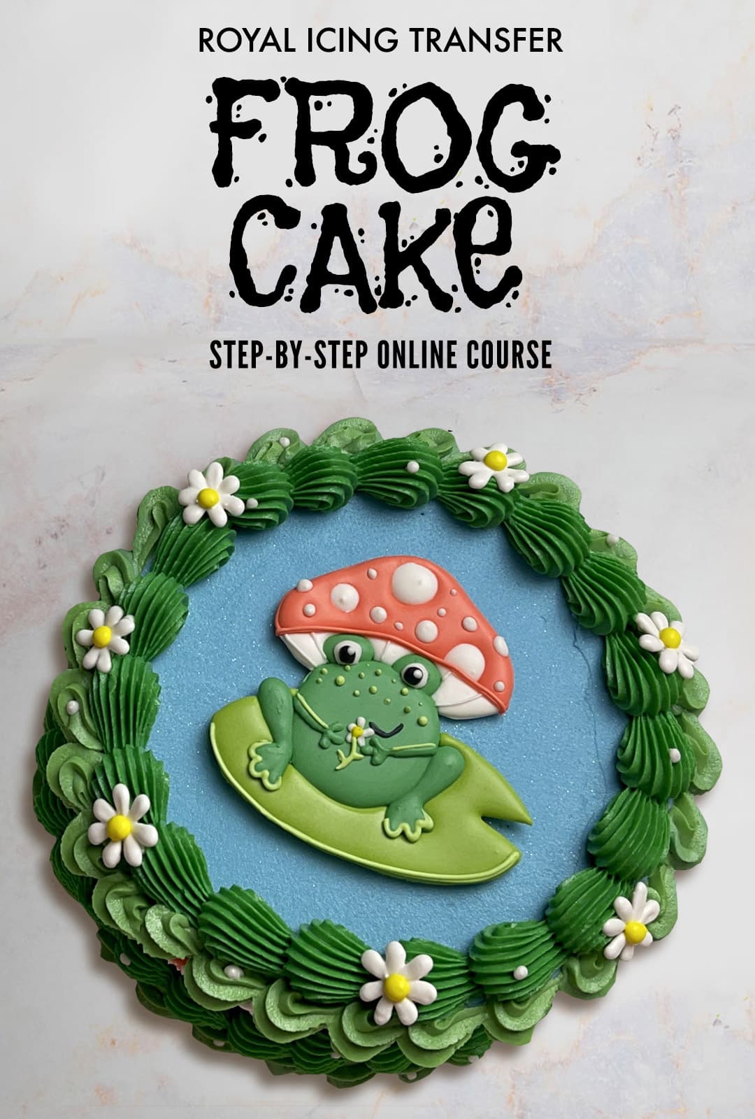 Cake with royal icing transfer of a frog on lily pad
