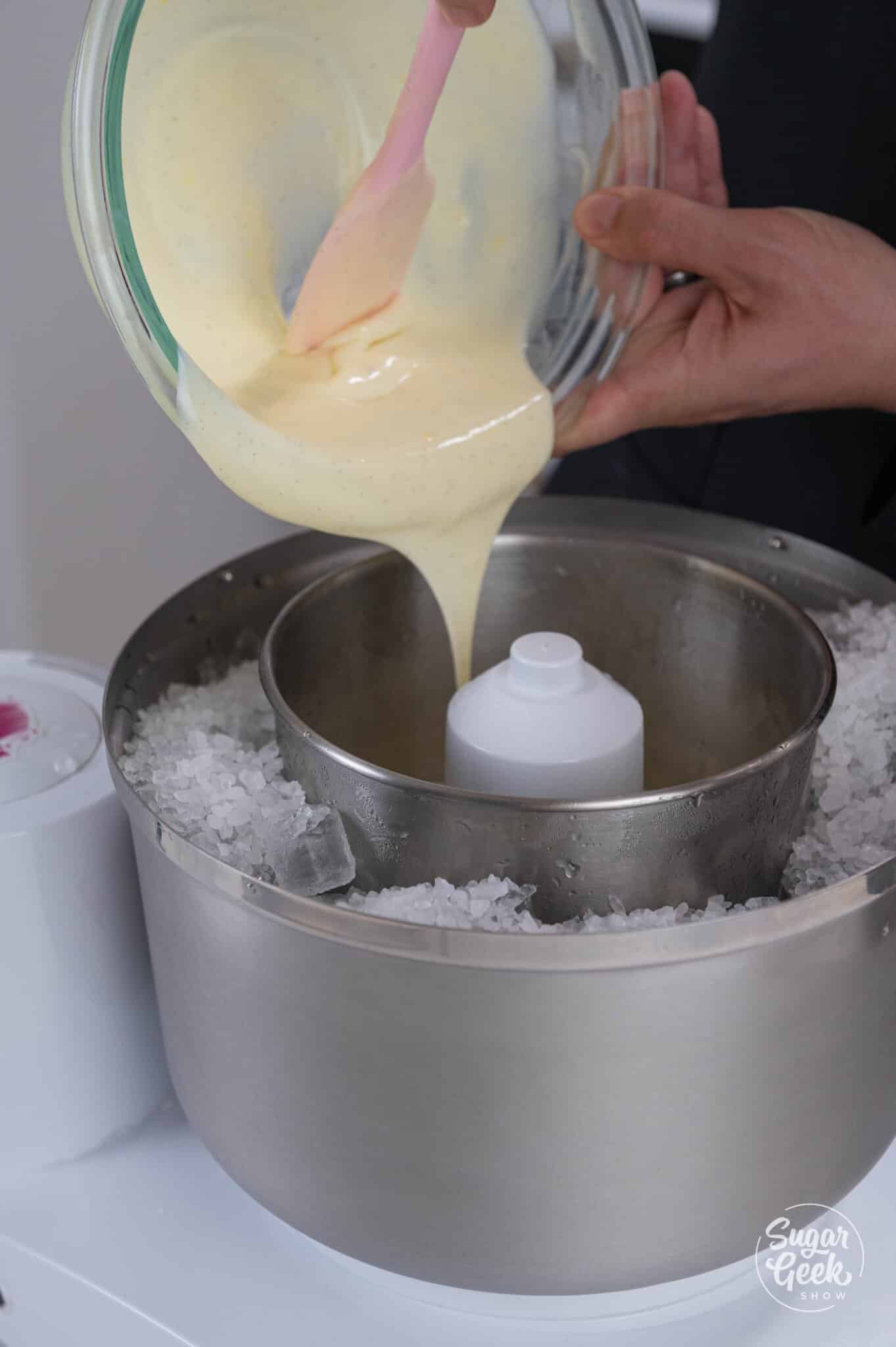 pouring ice cream base into an ice cream maker