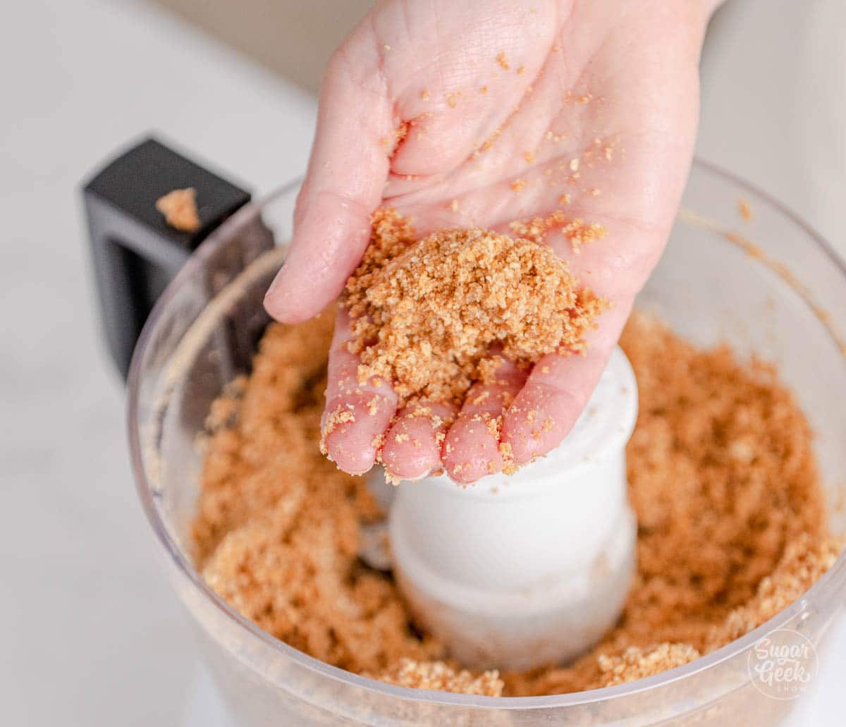 hand holding squished graham cracker crumble mix