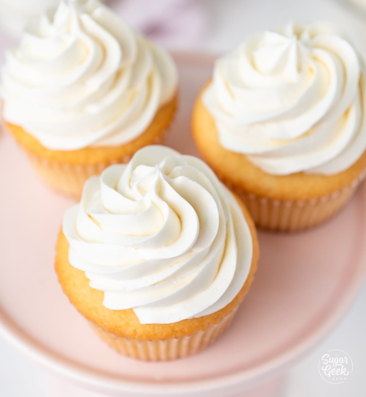 vanilla cupcakes with swiss meringue buttercream frosting. 