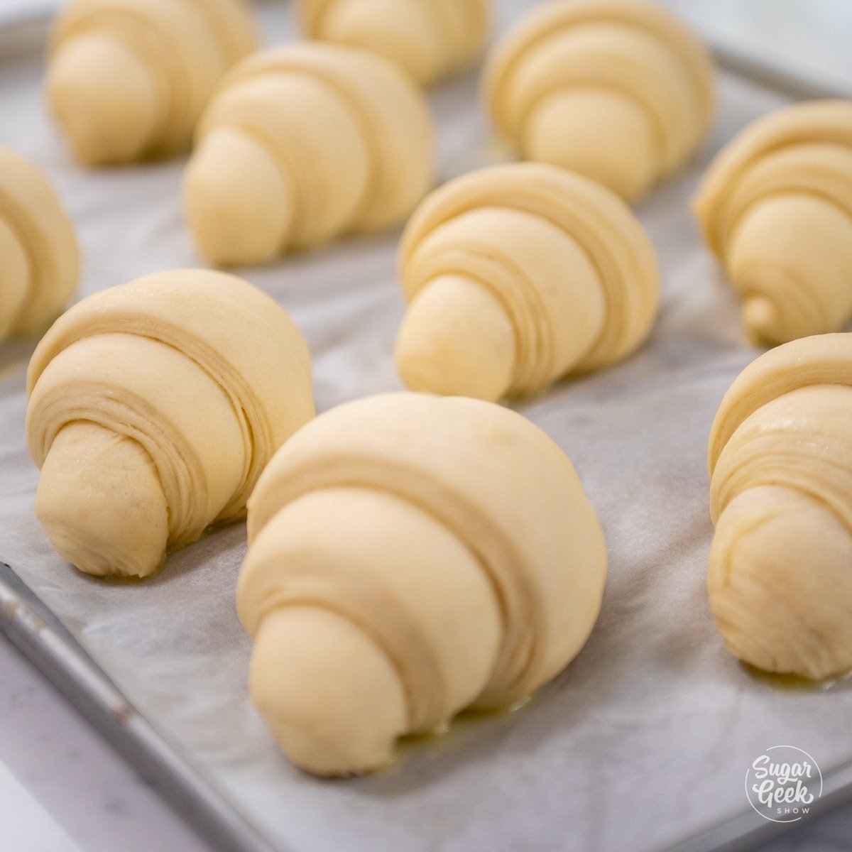 proofed and fluffy unbaked croissants