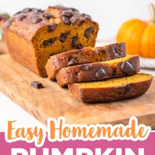 pumpkin chocolate chip bread laying on a wooden board