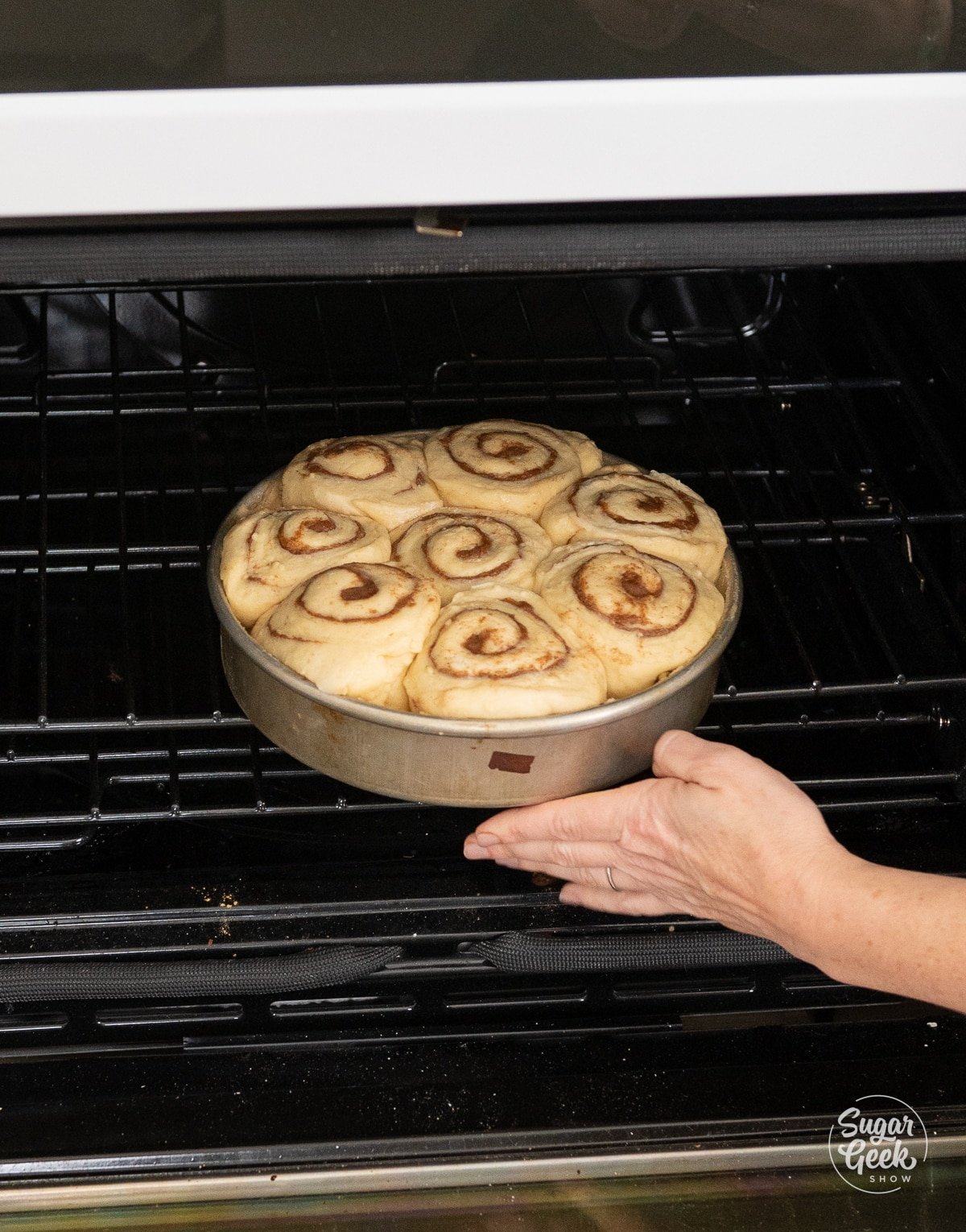 hand pushing a cake pan of sticky buns into an oven