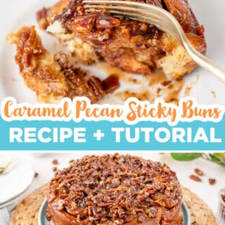 fork cutting into a caramel pecan sticky bun above a plate of homemade sticky buns